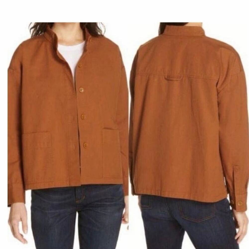 Eileen Fisher Jacket Boxy Organic Cotton Brown Minimalist Button Front L